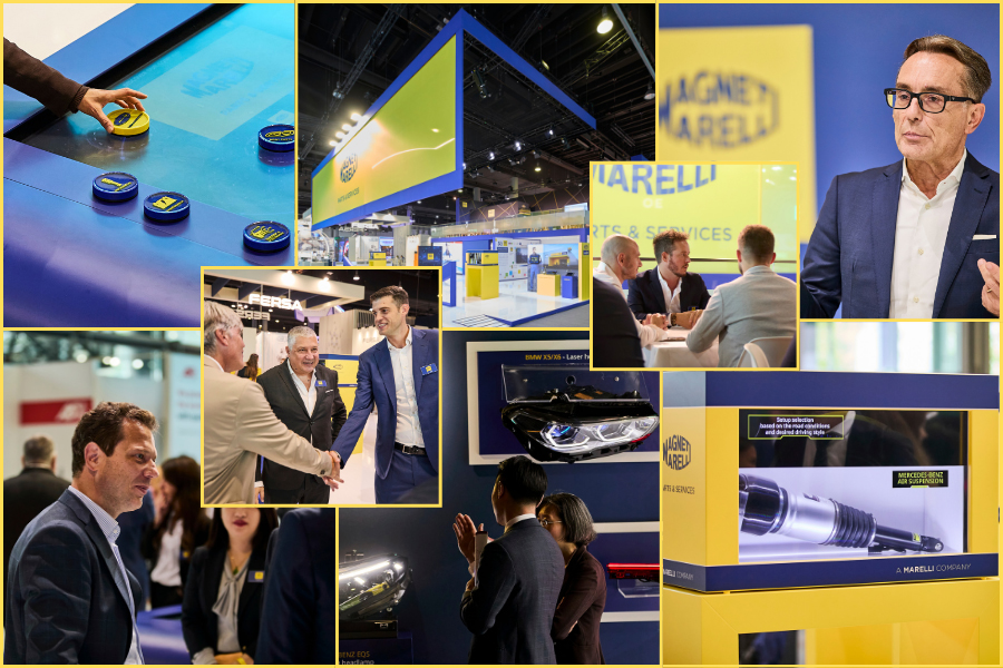 Collage dello stand Magneti Marelli Parts & Services ad Automechanika Francoforte 2024, con il tunnel Marelli, lo Screen Reveal, l'Object Recognition Table e interazioni con i visitatori.
