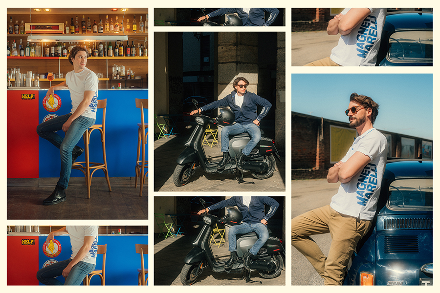 Collage della nuova linea di abbigliamento casual Magneti Marelli Parts & Services, includendo t-shirt, polo e felpa