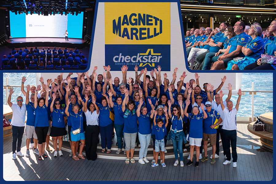 Momenti principali della crociera Incentive Magneti Marelli Checkstar: foto di gruppo sul ponte e attività di networking e formazione a bordo.
