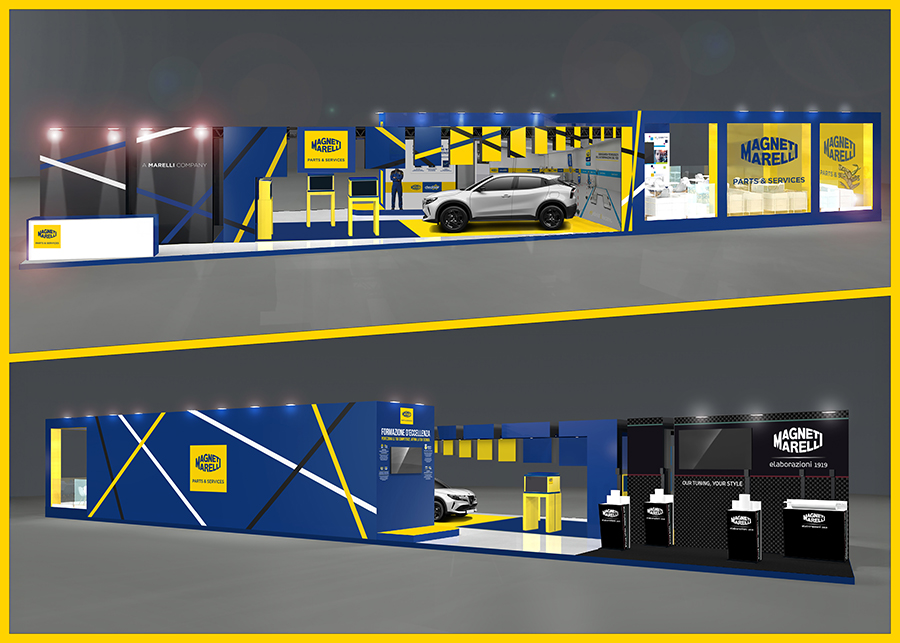 Rendering dello stand Magneti Marelli Parts & Services ad Autopromotec 2025: vista panoramica dell'area espositiva di 260 m² con i caratteristici colori giallo e blu e le diverse aree tematiche dedicate ai ricambi, attrezzature e servizi per l'aftermarket automotive.