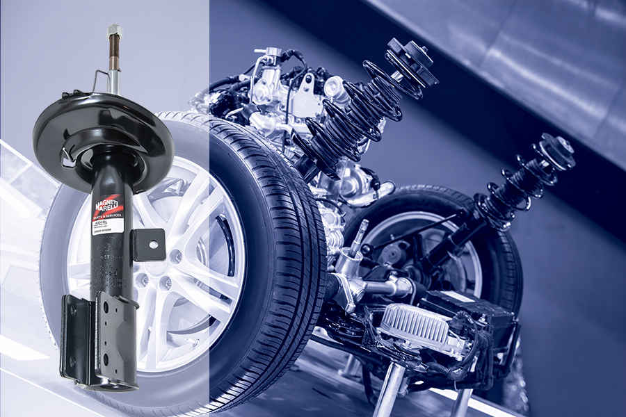 Gruppo sospensioni ruota affiancato da un ammortizzatore Magneti Marelli Parts & Services