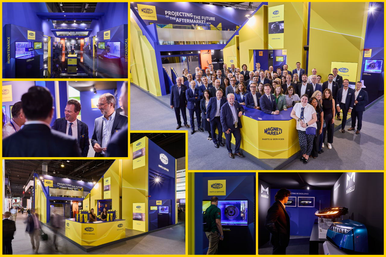 Collage di 6 foto delo stand ad Automechanika Francoforte 2026: prodotti, dialoghi, team EMEA in posa e persone che osservano i componenti