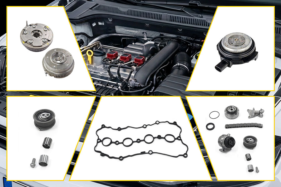 Vano motore con collage di componenti Magneti Marelli Parts & Services per la distribuzione dei motori: Kit Catena Distribuzione, Super-Kit, variatore di fase VVT e valvola OCV.