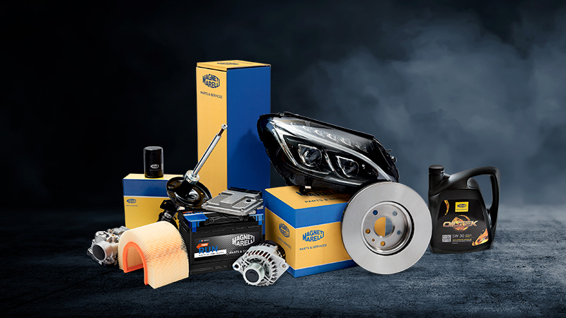 Serie di ricambi rappresentativa dell'offerta di prodotti Magneti Marelli Parts & Services.